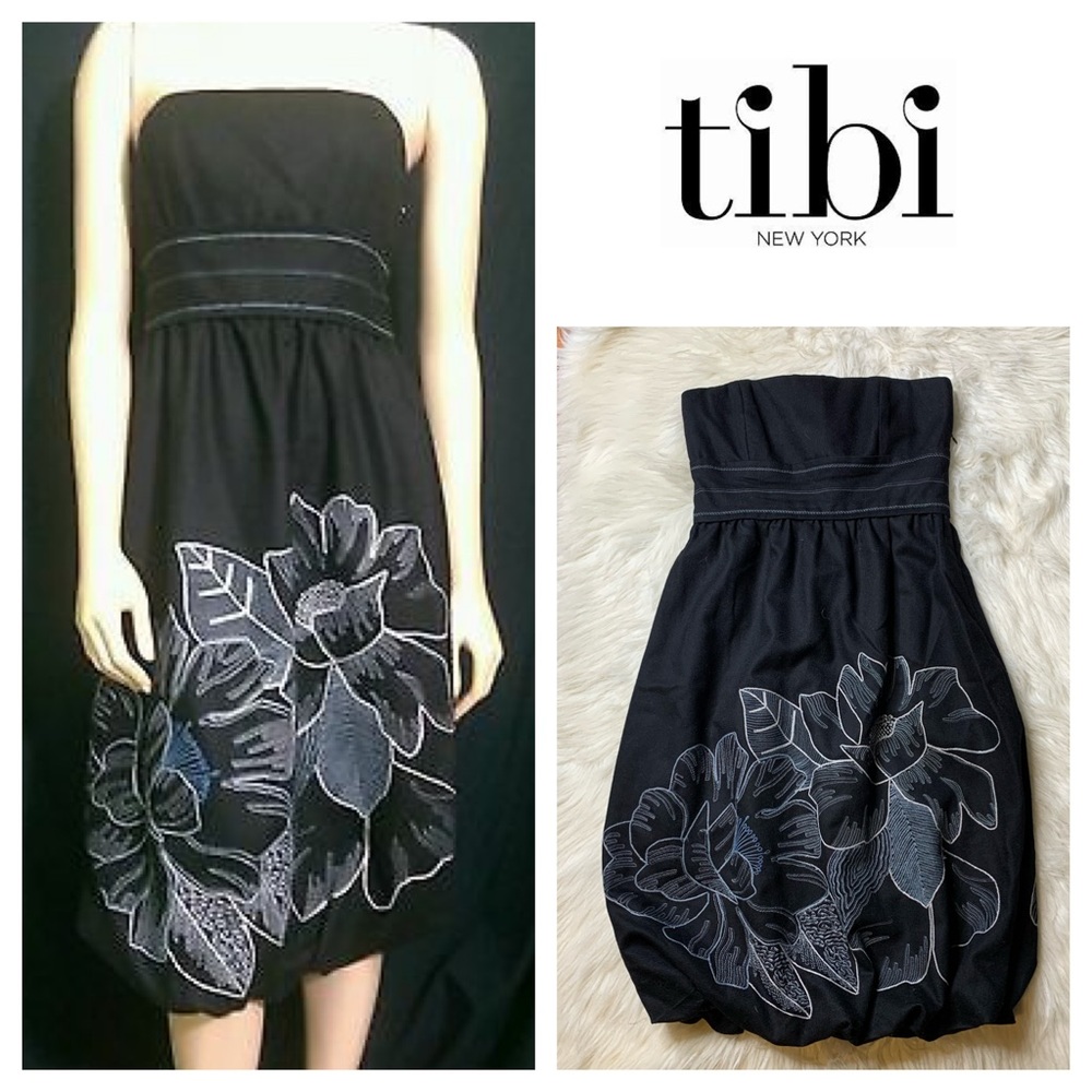 TIBI Floral Wool Embroidered Strapless Dress SZ.8